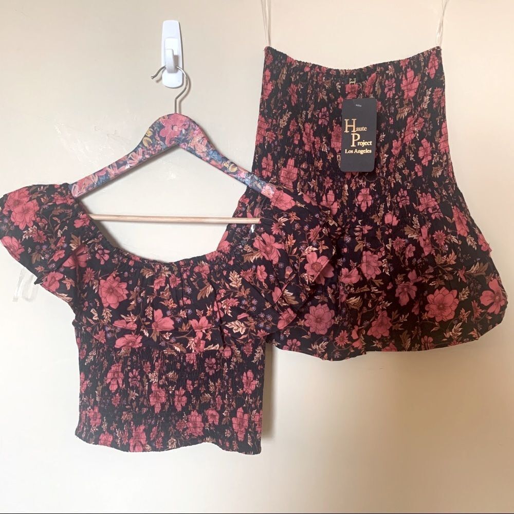 NWT 2 pc skirt Set Black Floral Top Off Shoulder Sz L Jrs